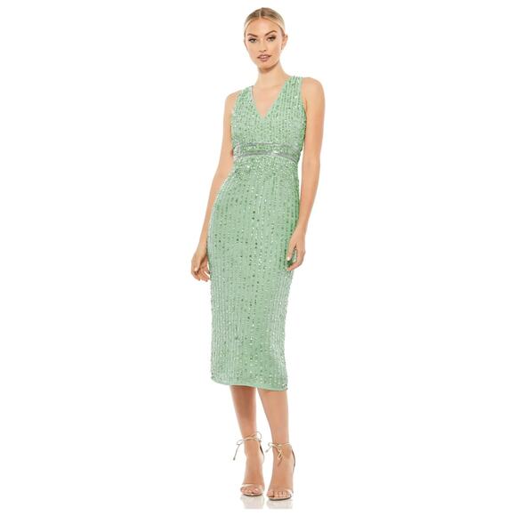 Mac Duggal 70267 Green Sage Sequined V Neck Midi Sheath Dress Size 2 NWT - Picture 1 of 5